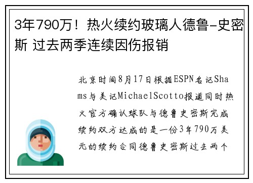 3年790万！热火续约玻璃人德鲁-史密斯 过去两季连续因伤报销